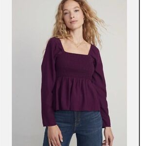 Old Navy Seersucker Smocked Babydoll Blouse Purple Size: L